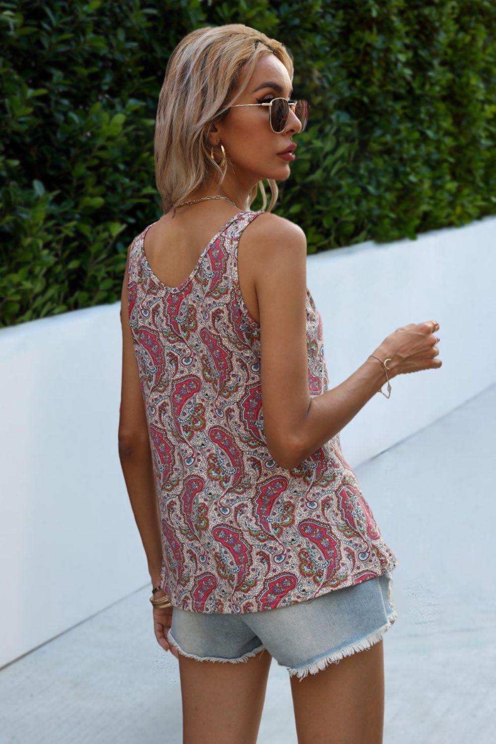 Printed Slit Scoop Neck Tank - Trendsi - Flyclothing LLC