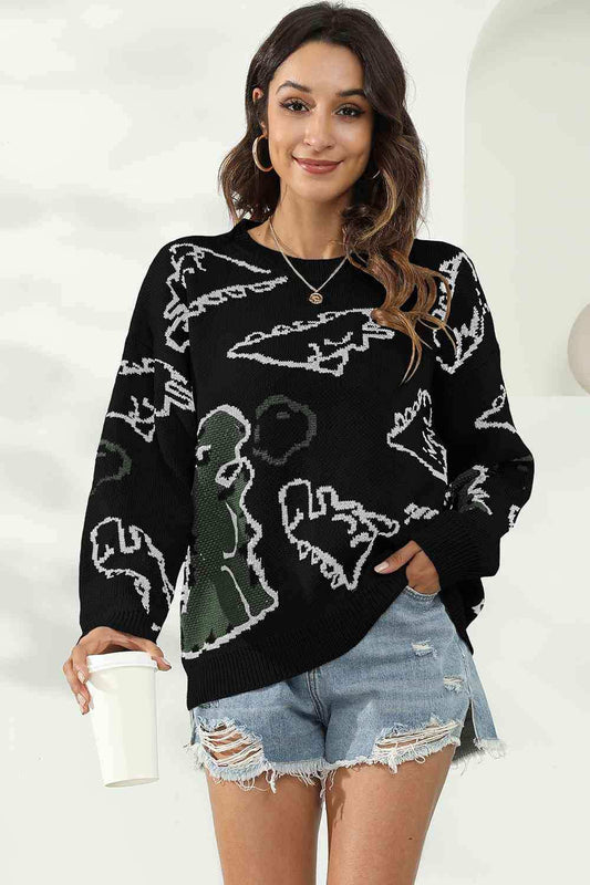 Dinosaur Print Pullover Sweater - Trendsi - Flyclothing LLC