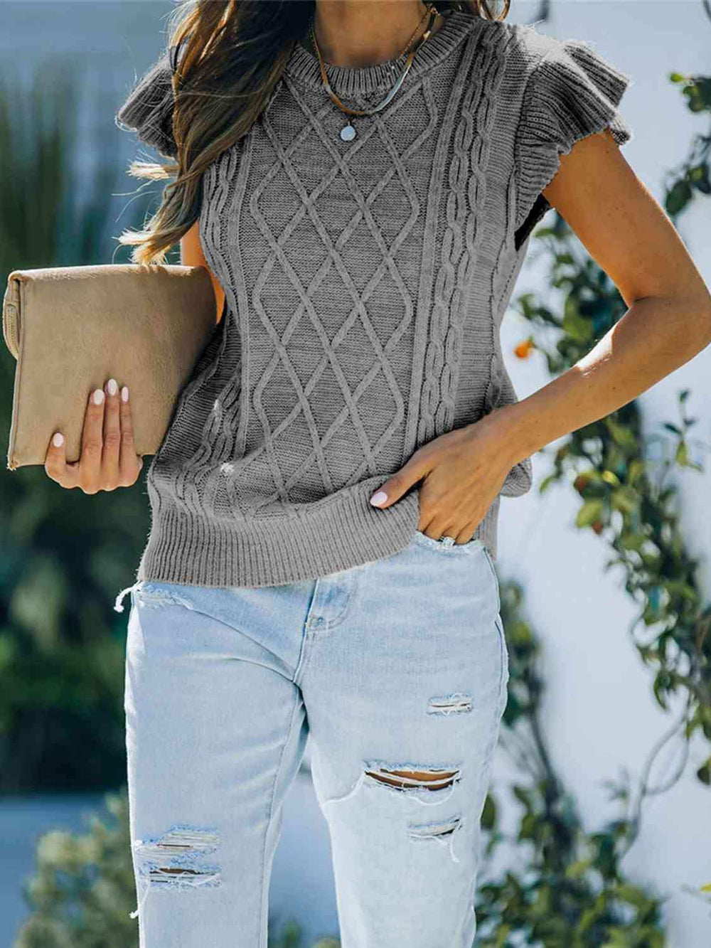 Round Neck Cap Sleeve Sweater - Trendsi - Flyclothing LLC