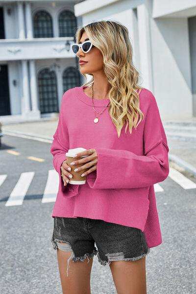 High-Low Slit Round Neck Long Sleeve Sweater - Trendsi - Flyclothing LLC