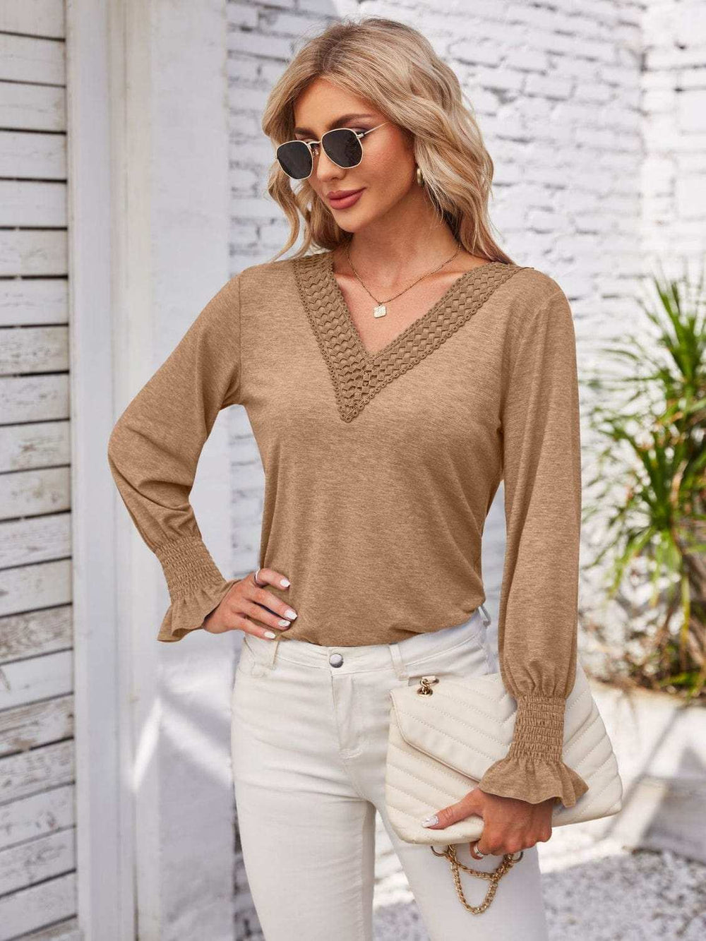Smocked V-Neck Long Sleeve Blouse - Trendsi - Flyclothing LLC