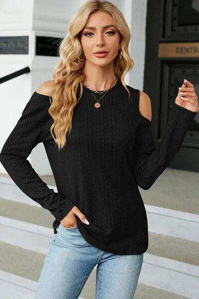 Round Neck Cold Shoulder T-Shirt - Trendsi - Flyclothing LLC