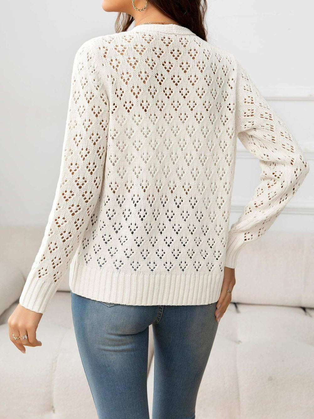 Openwork V-Neck Buttoned Knit Top - Trendsi - Flyclothing LLC