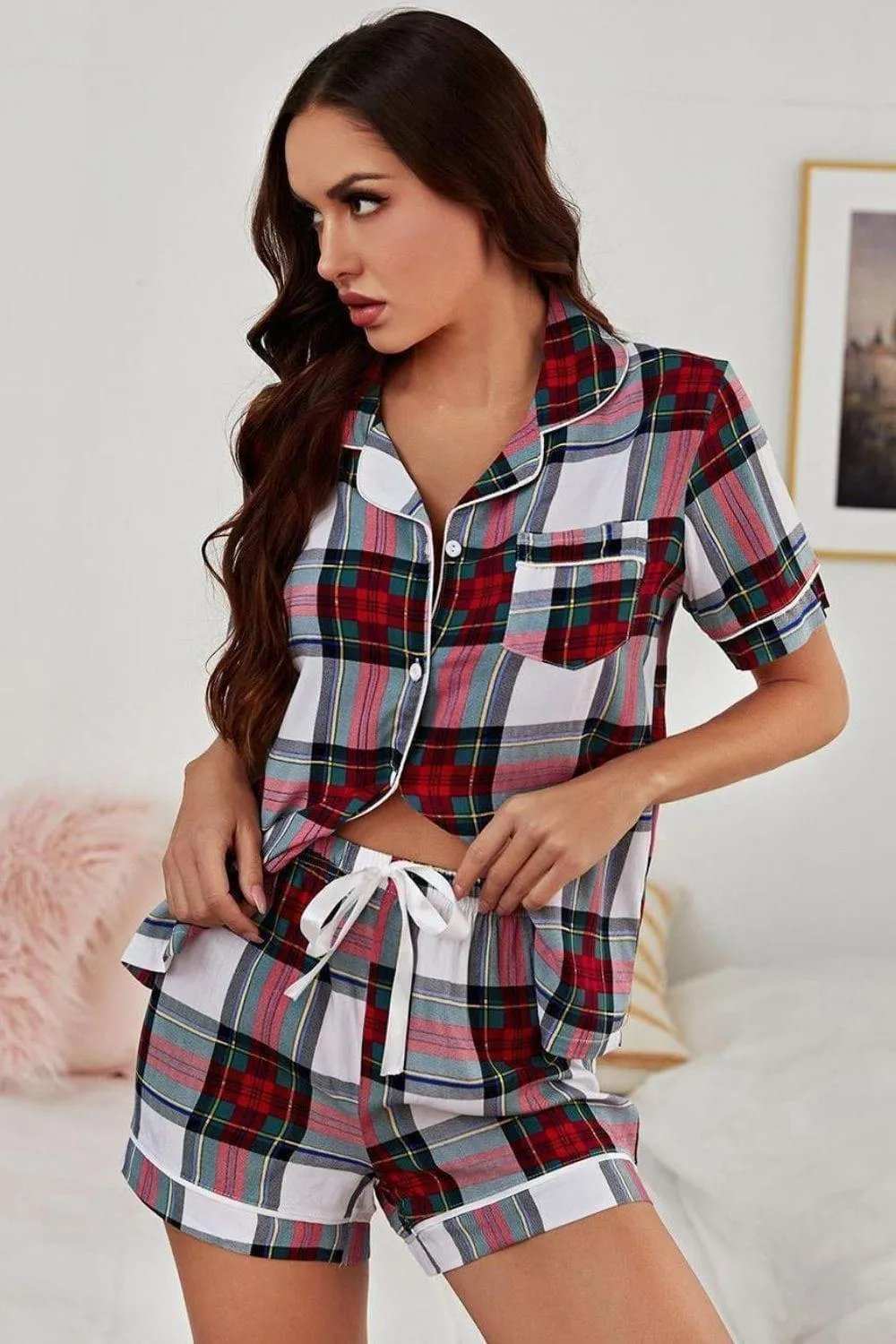 Collared Neck Short Sleeve Tied Two-Piece Lounge Set - Trendsi - Flyclothing LLC