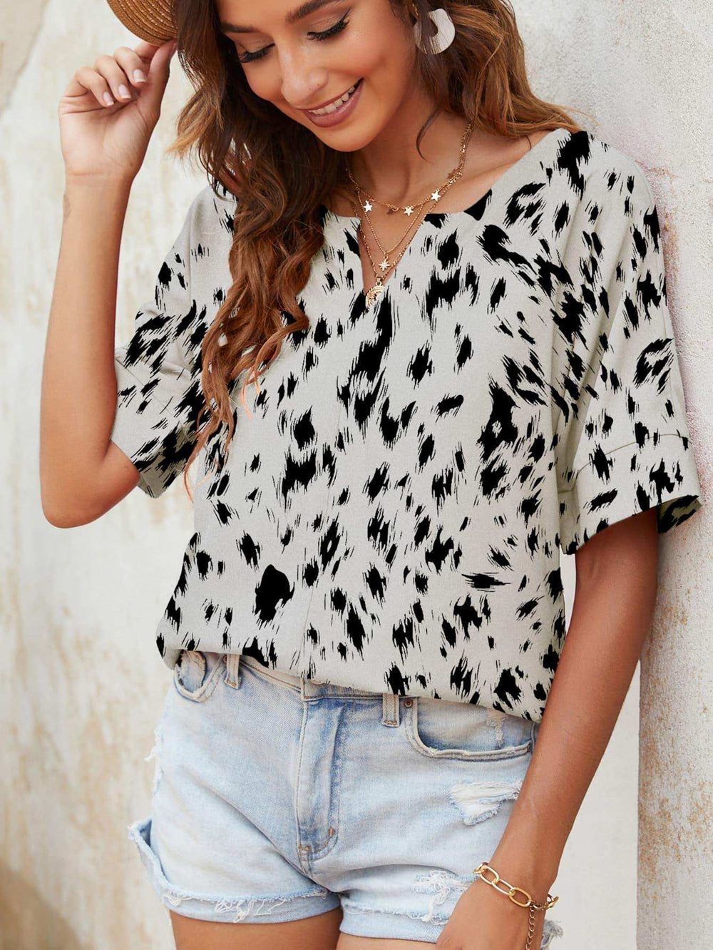 Printed Notched Neck Half Sleeve Blouse - Trendsi - Flyclothing LLC