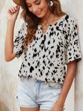 Printed Notched Neck Half Sleeve Blouse - Trendsi - Flyclothing LLC