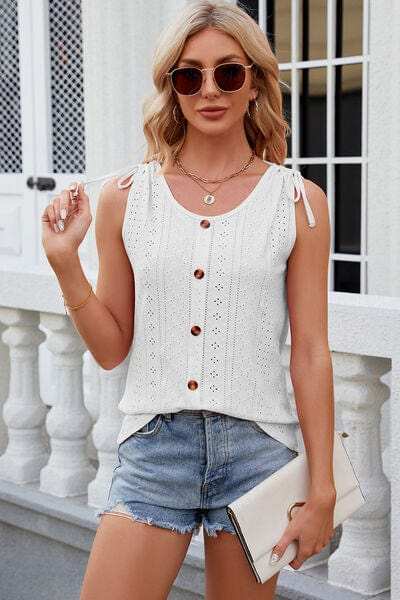 Eyelet Round Neck Wide Strap Tank - Trendsi - Flyclothing LLC