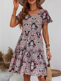 Printed V-Neck Tiered Dress - Trendsi - Flyclothing LLC