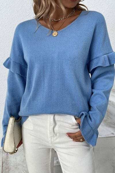 V-Neck Ruffle Trim Long Sleeve Sweater - Trendsi - Flyclothing LLC