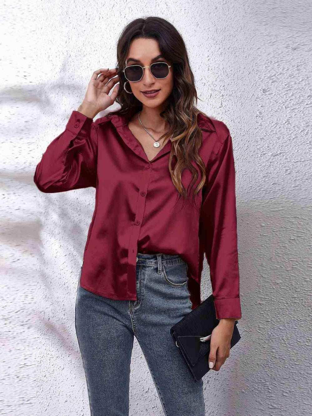 Collared Neck Buttoned Long Sleeve Shirt - Trendsi - Flyclothing LLC
