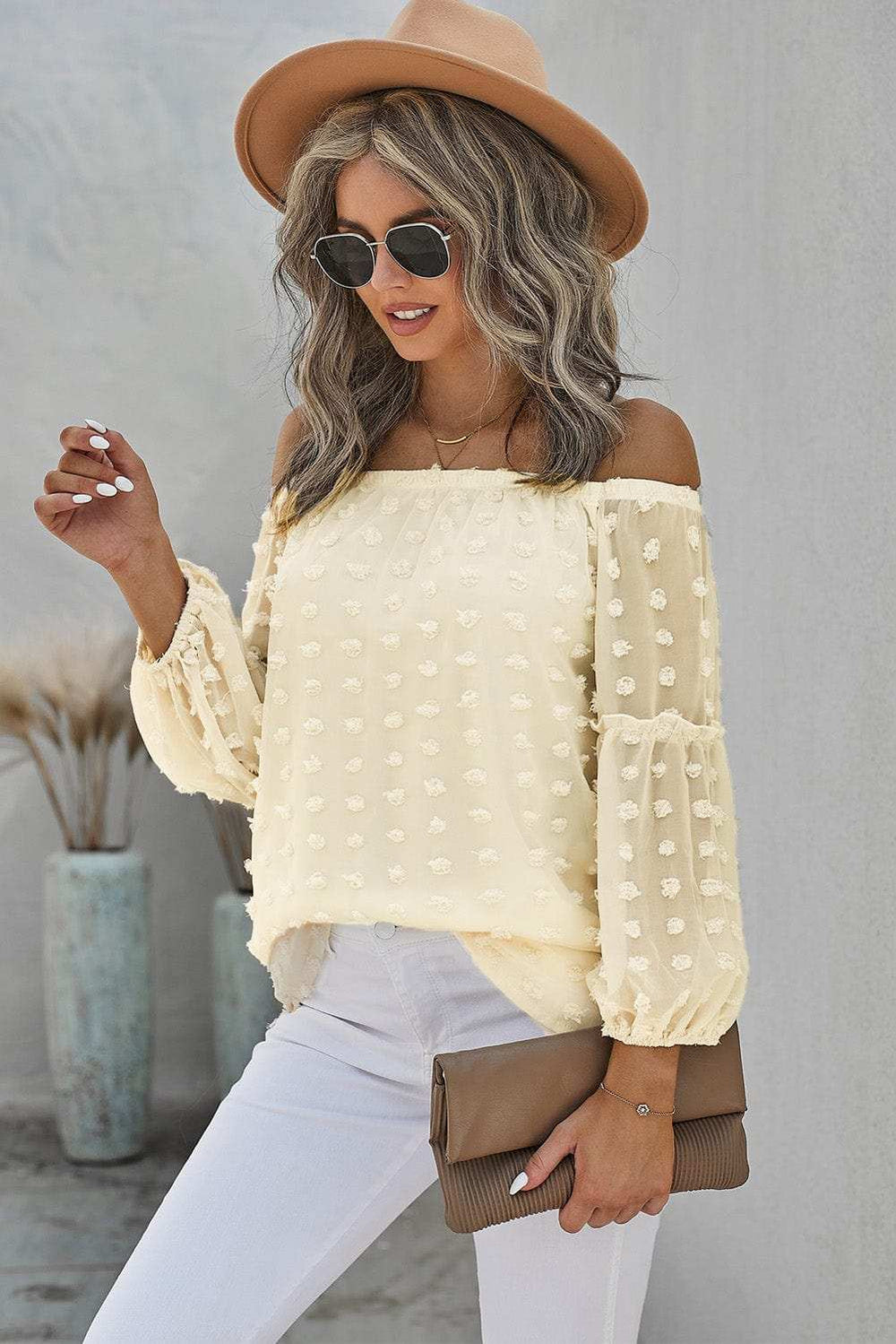 Swiss Dot Off-Shoulder Long Sleeve Blouse - Trendsi - Flyclothing LLC