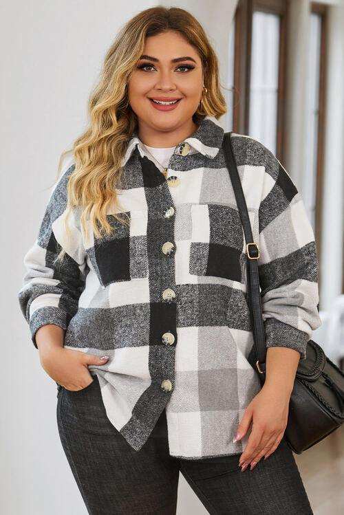 Plus Size Plaid Button Up Collared Neck Jacket - Trendsi - Flyclothing LLC