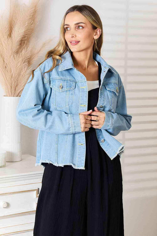 Double Take Dropped Shoulder Raw Hem Denim Jacket - Trendsi - Flyclothing LLC