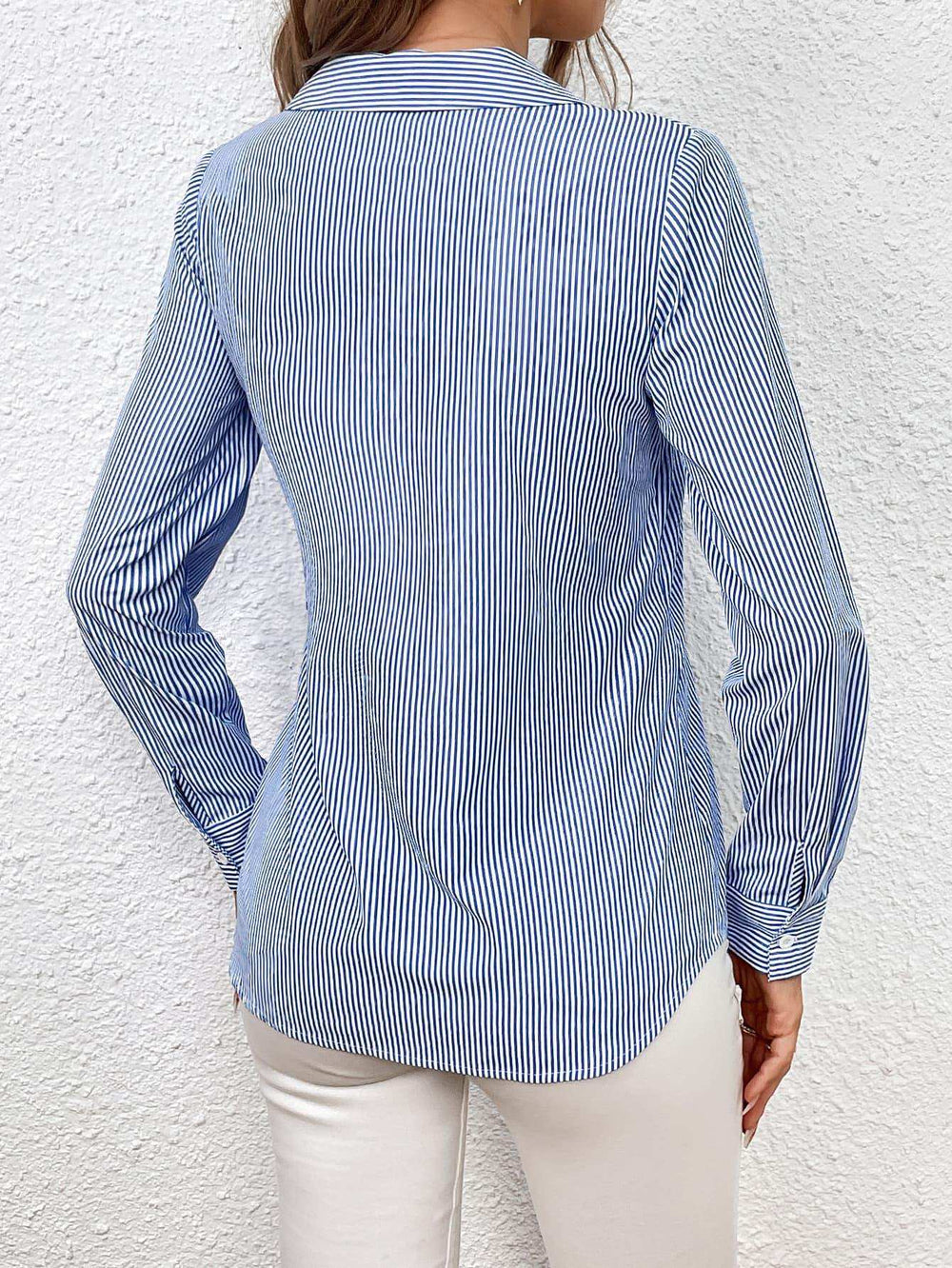 Bow Tie Waist Johnny Collar Neck Striped Blouse - Trendsi - Flyclothing LLC