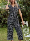 Printed V-Neck Short Sleeve Jumpsuit - Trendsi - Flyclothing LLC