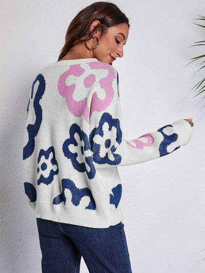 Flower Pattern Round Neck Long Sleeve Sweater - Trendsi - Flyclothing LLC