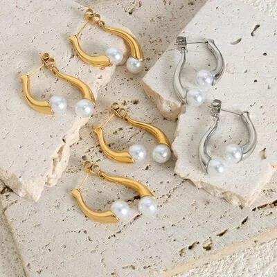 Synthetic Pearl Asymmetrical Titanium Steel Earrings - Trendsi - Flyclothing LLC