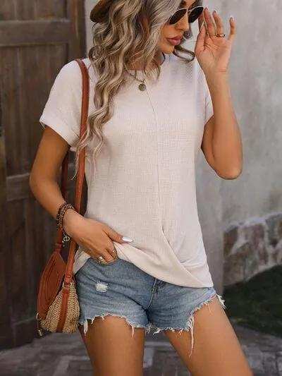 Cable-Knit Round Neck Short Sleeve T-Shirt - Trendsi - Flyclothing LLC