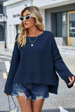 Round Neck Dropped Shoulder Slit Sweater - Trendsi - Flyclothing LLC