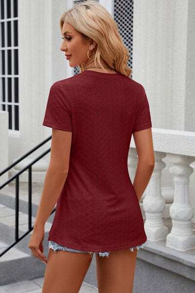 Eyelet Slit Round Neck Short Sleeve T-Shirt - Trendsi - Flyclothing LLC