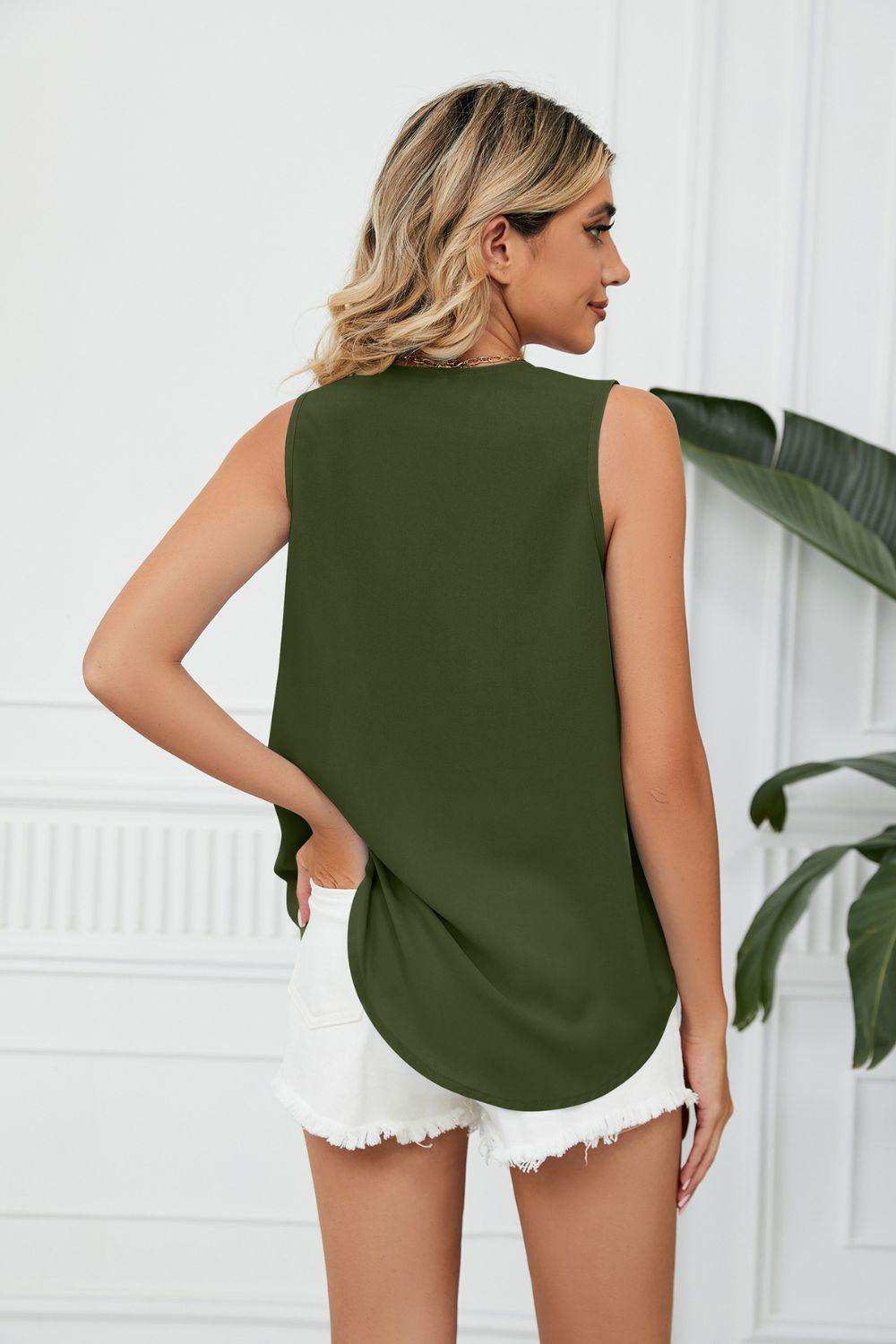 Contrast Trim Plunge Sleeveless Blouse - Trendsi - Flyclothing LLC