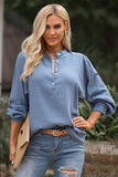 Half Button Puff Sleeve Blouse - Trendsi - Flyclothing LLC