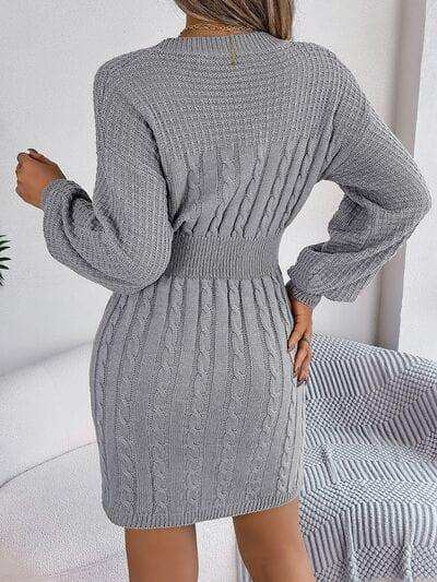 Cable-Knit Cutout Round Neck Slit Sweater - Trendsi - Flyclothing LLC