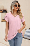 Eyelet V-Neck Petal Sleeve T-Shirt - Trendsi - Flyclothing LLC