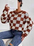 Checkered Round Neck Sweater - Trendsi - Flyclothing LLC