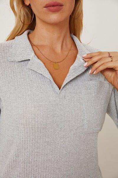 Collared Neck Dropped Shoulder T-Shirt - Trendsi - Flyclothing LLC