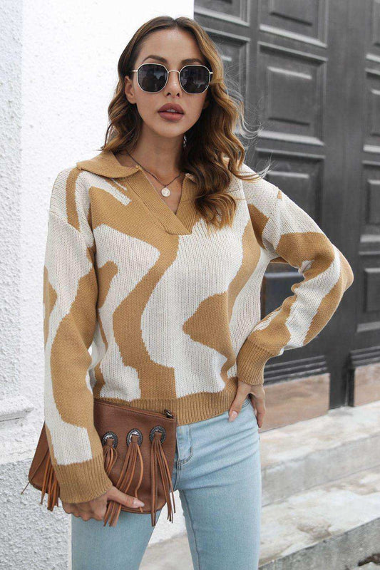 Two-Tone Johnny Collar Dropped Shoulder Pullover Sweater - Trendsi - Flyclothing LLC
