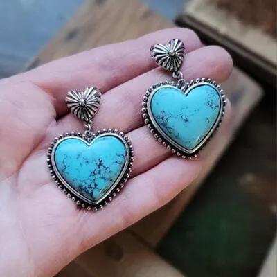 Artificial Turquoise Alloy Heart Dangle Earrings - Trendsi - Flyclothing LLC