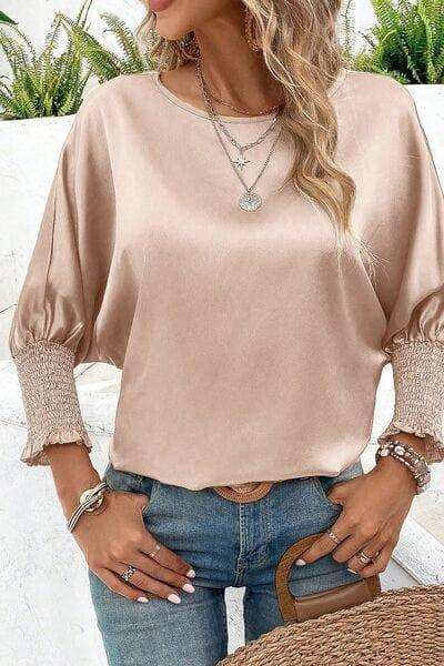 Round Neck Batwing Sleeve Blouse - Trendsi - Flyclothing LLC