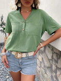 Buttoned Notched Neck Cuffed Sleeve Blouse - Trendsi - Flyclothing LLC