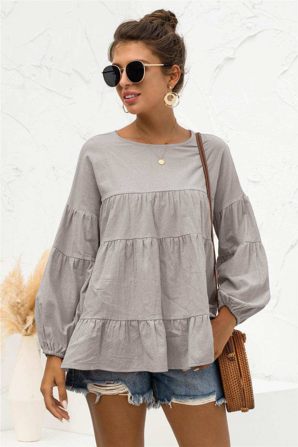 Round Neck Bubble Sleeve Tiered Blouse - Trendsi - Flyclothing LLC
