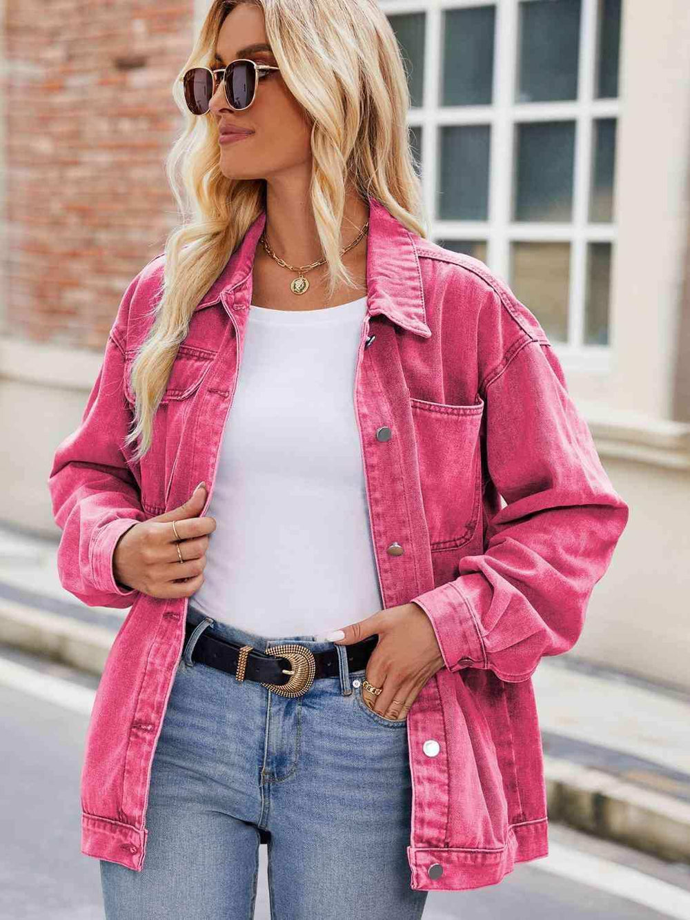 Button Up Denim Jacket with Pockets - Trendsi - Flyclothing LLC