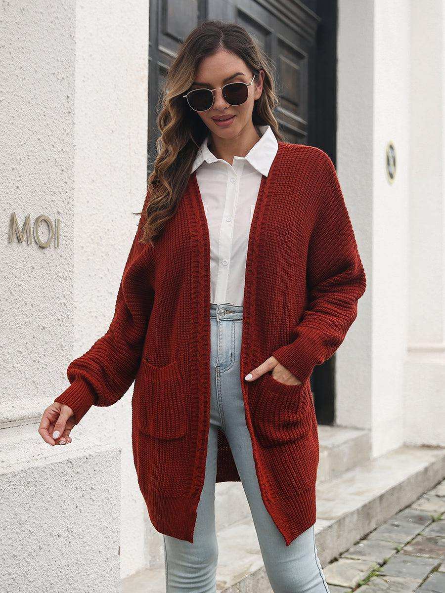 Open Front Rib-Knit Cardigan with Pockets - Trendsi - Flyclothing LLC