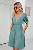 Contrast V-Neck Puff Sleeve Pocket Dress - Trendsi - Flyclothing LLC