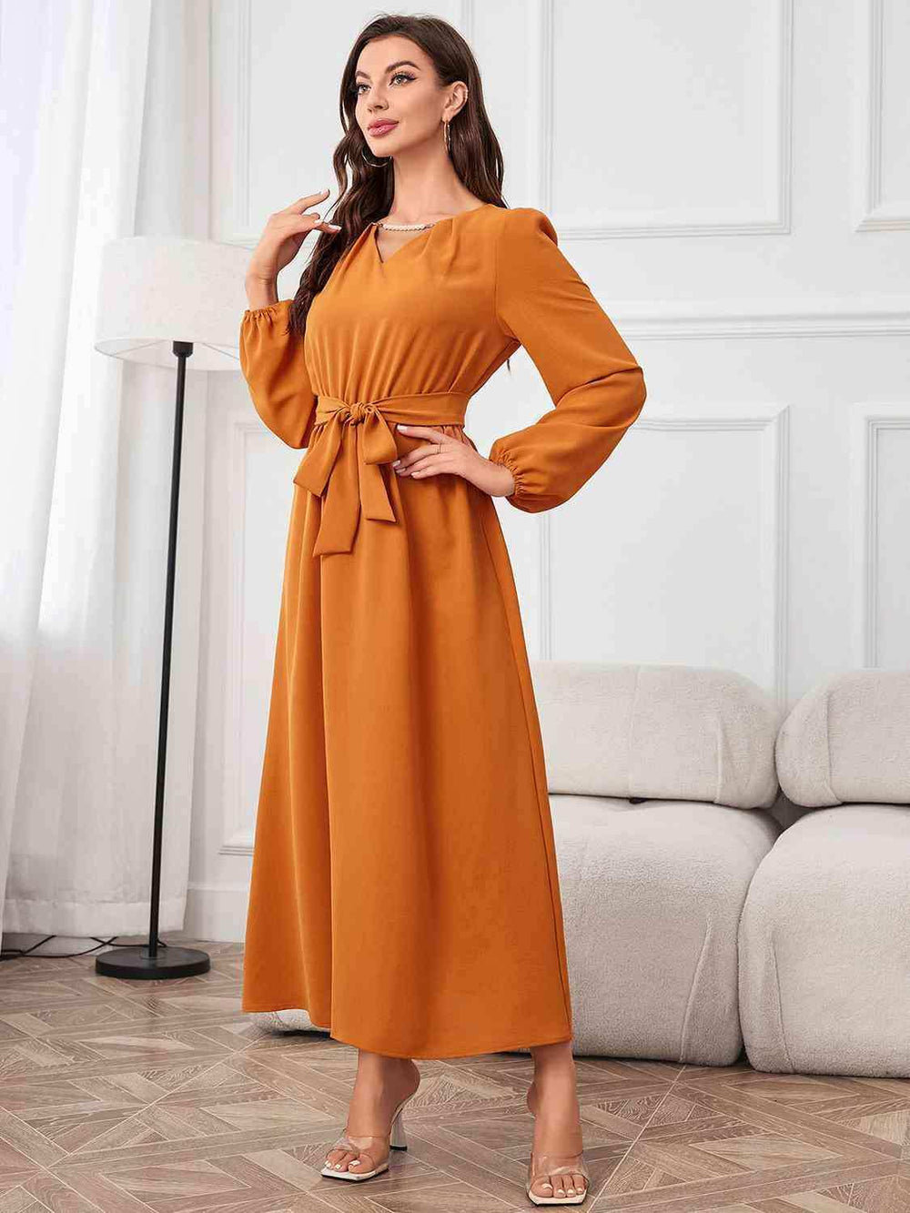 Tie Waist Puff Sleeve Maxi Dress - Trendsi - Flyclothing LLC