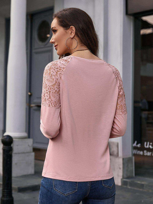 Lace Trim Round Neck Raglan Sleeve Tee - Trendsi - Flyclothing LLC
