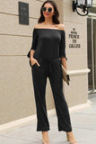 Off-Shoulder Tie Cuff Jumpsuit with Pockets - Trendsi - Flyclothing LLC