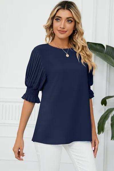 Frill Round Neck Lantern Sleeve T-Shirt - Trendsi - Flyclothing LLC