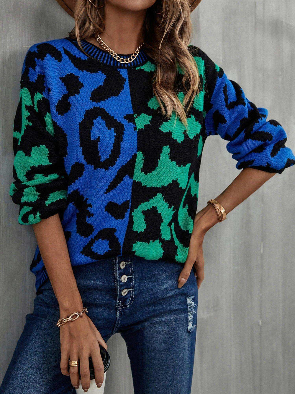 Round Neck Contrast Color Dropped Shoulder Sweater - Trendsi - Flyclothing LLC