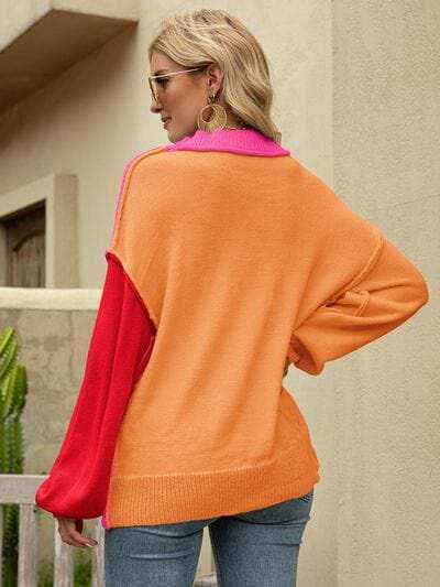Color Block Dropped Shoulder Sweater - Trendsi - Flyclothing LLC