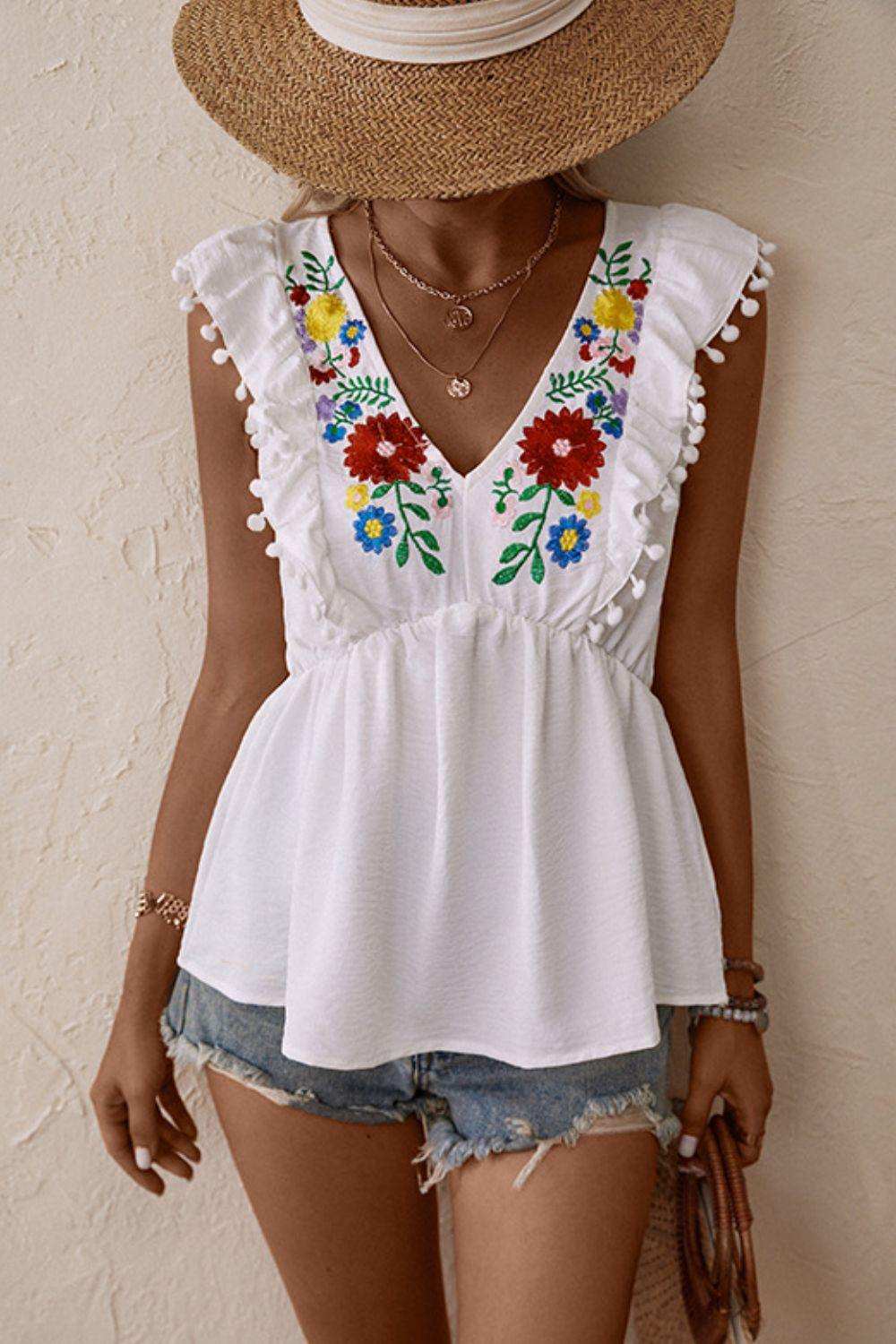 Embroidered Pom-Pom Trim Cap Sleeve Babydoll Top - Trendsi - Flyclothing LLC