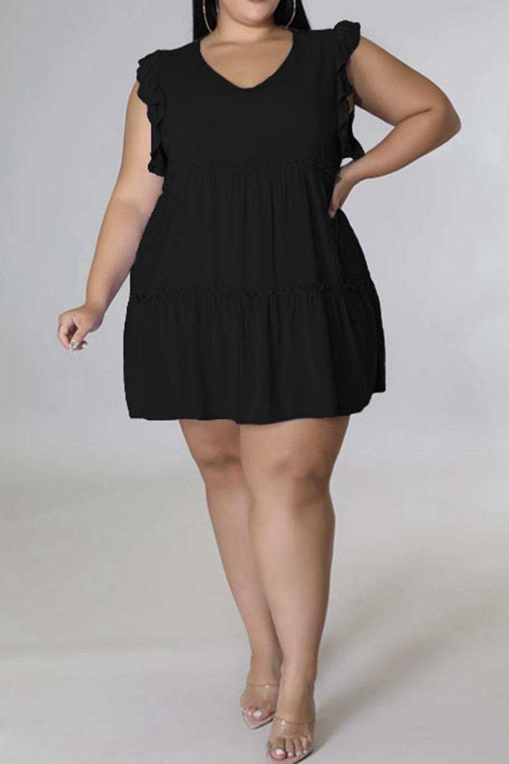 Plus Size V-Neck Frill Trim Mini Dress - Trendsi - Flyclothing LLC