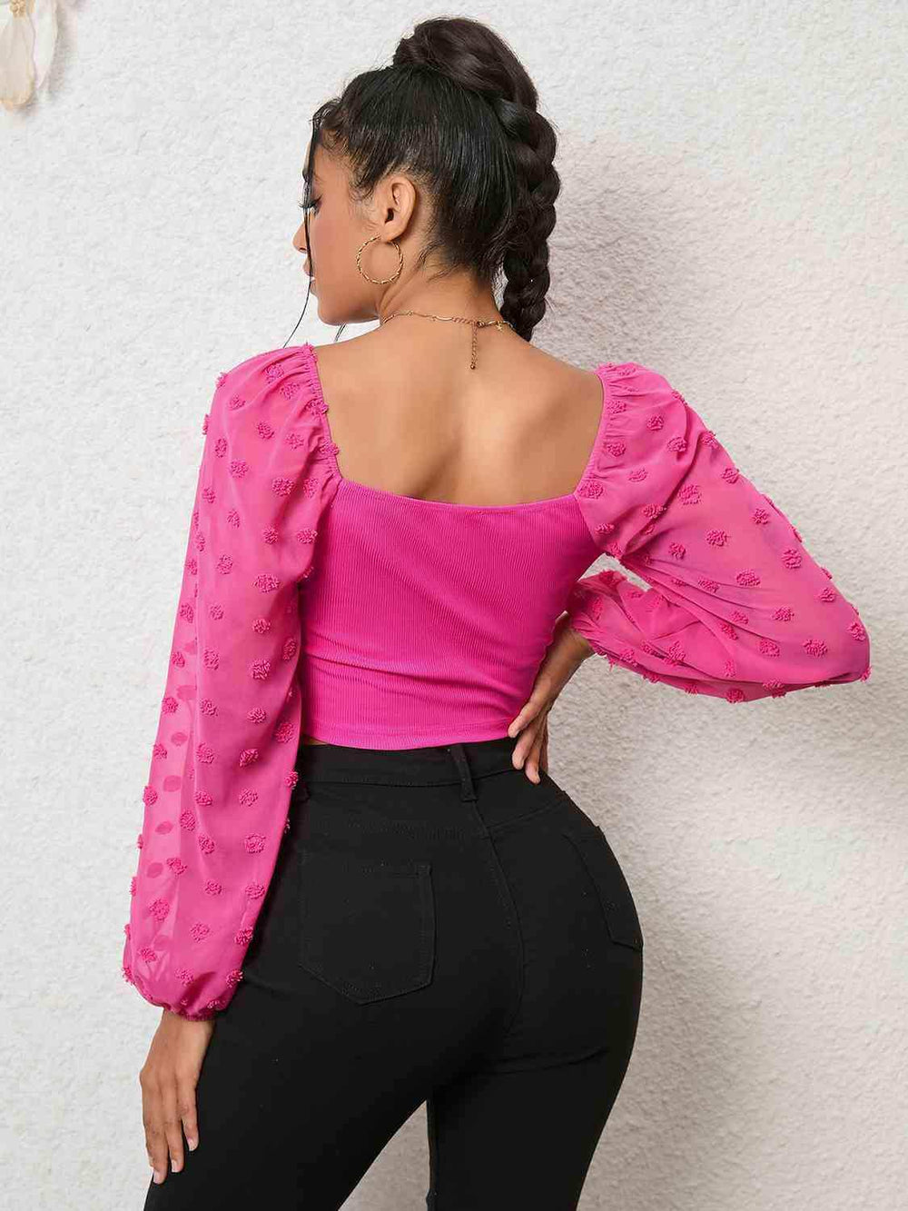 Swiss Dot Drawstring Cropped Blouse - Trendsi - Flyclothing LLC