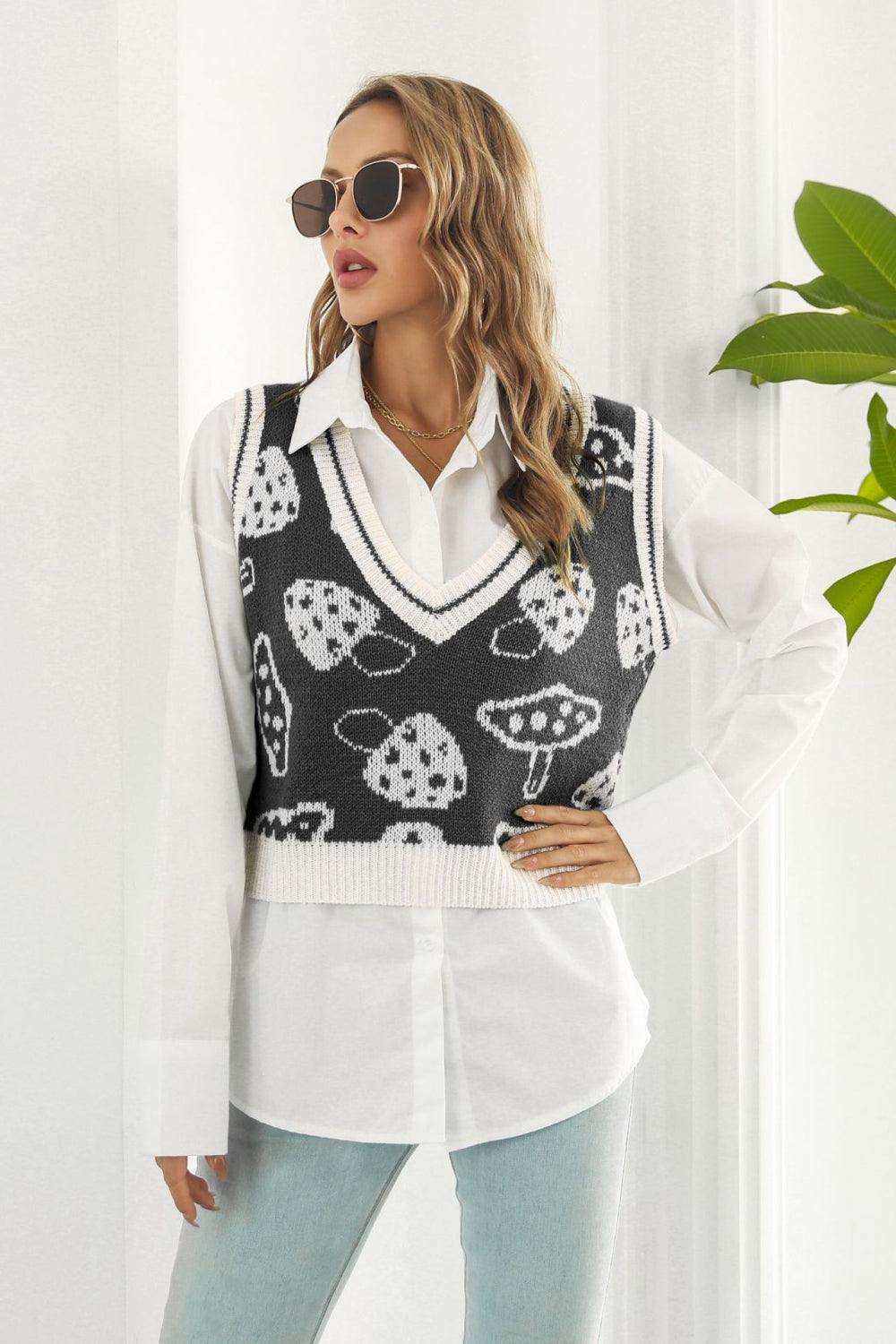 Printed Plunge Neck Sweater Vest - Trendsi - Flyclothing LLC
