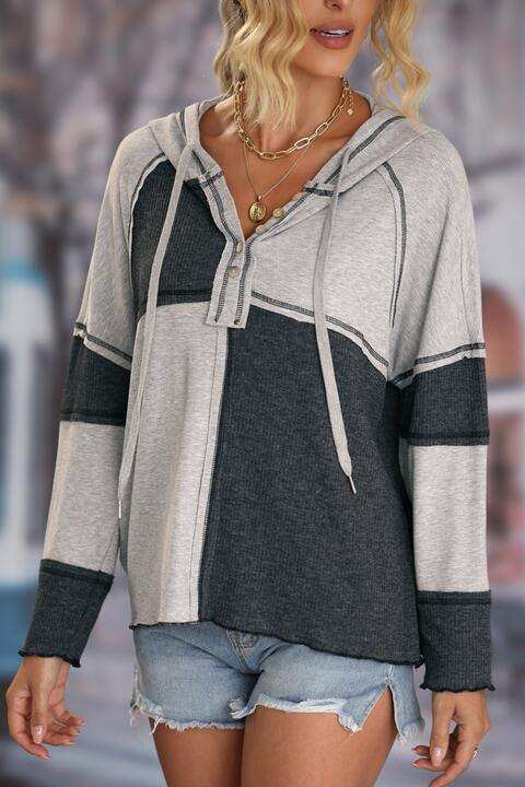 Multicolor Colorblock Ribbed Henley Hoodie - Trendsi - Flyclothing LLC