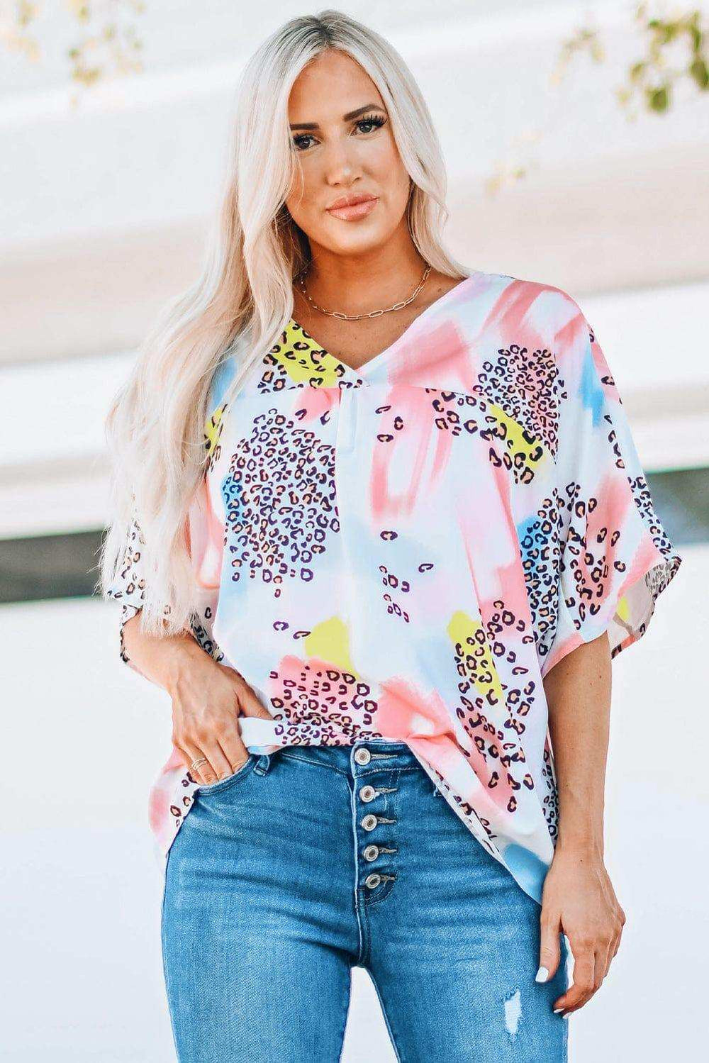 Mixed Print V-Neck Half Sleeve Top - Trendsi - Flyclothing LLC